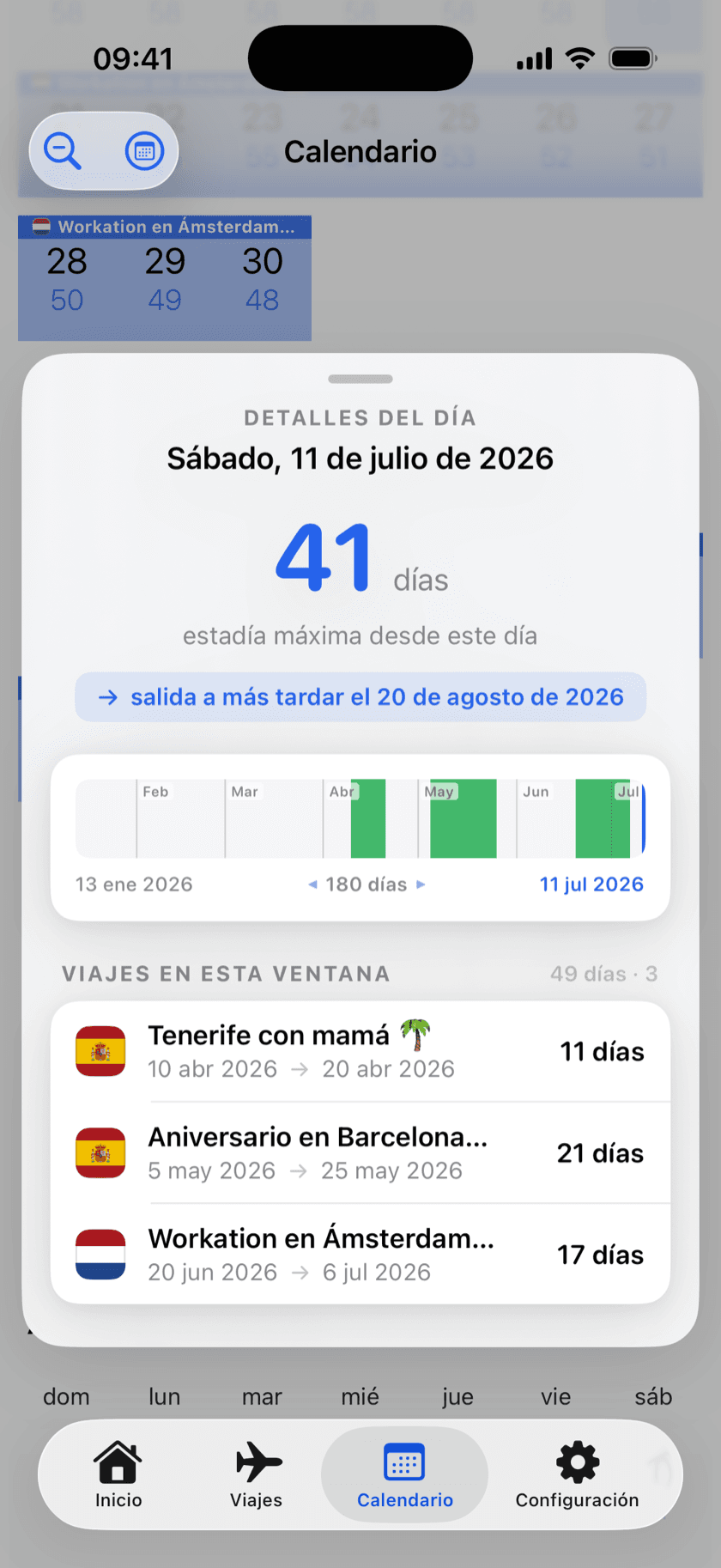 Captura de la aplicación: detalles del día con la estancia máxima y los viajes contados en la ventana de 180 días