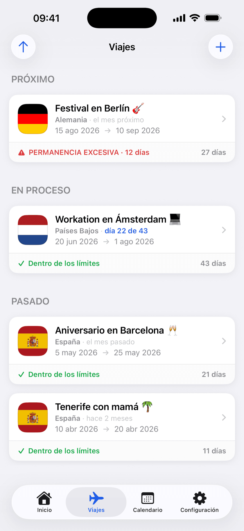Captura de la aplicación: lista de viajes con indicadores de dentro de los límites y exceso de estancia
