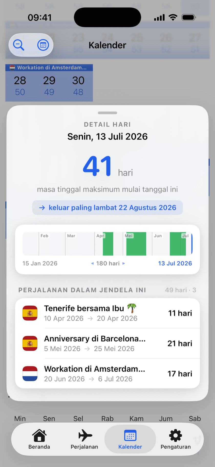 Tangkapan layar aplikasi: rincian hari dengan masa tinggal maksimum dan perjalanan yang dihitung dalam jendela 180 hari