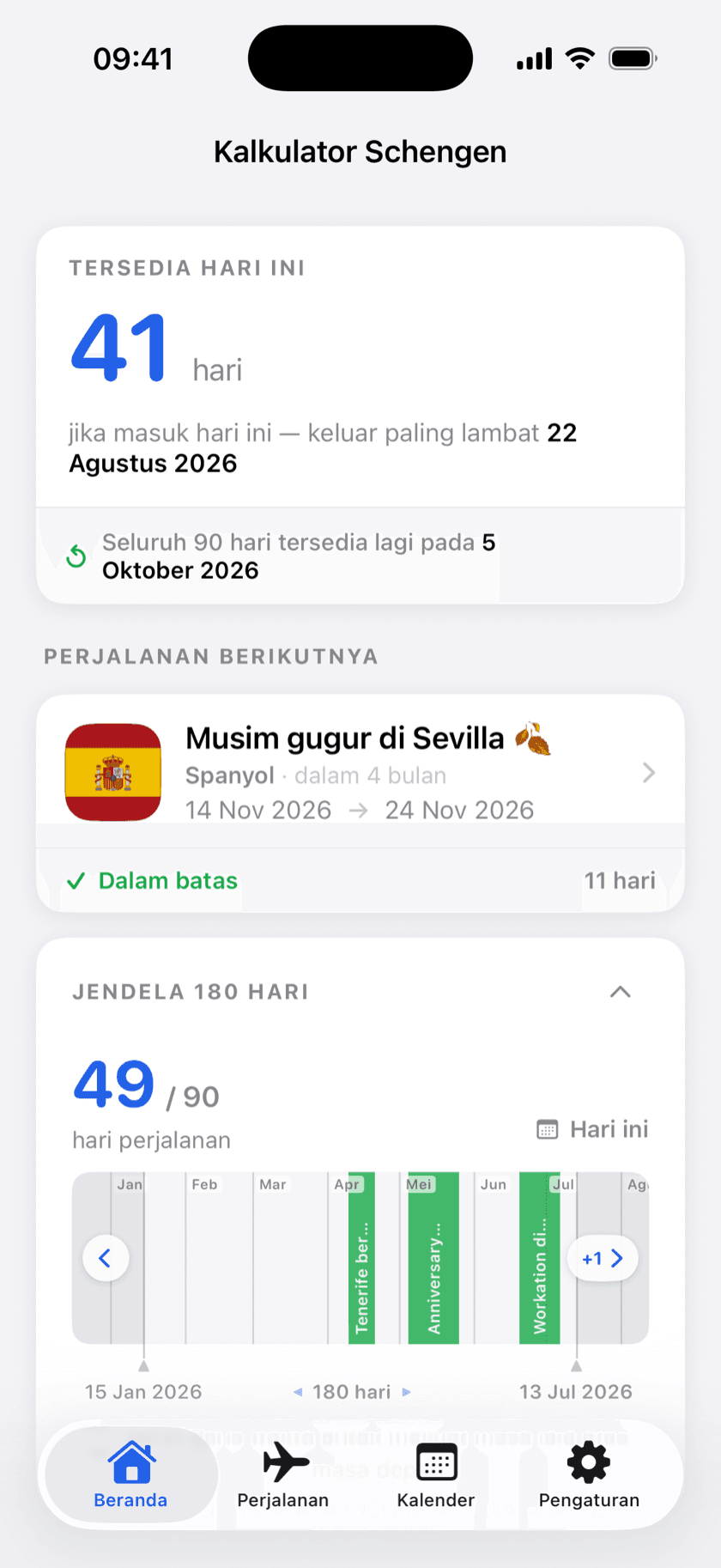 Tangkapan layar aplikasi: layar utama dengan hari tersedia, batas waktu keberangkatan, dan status perjalanan berikutnya