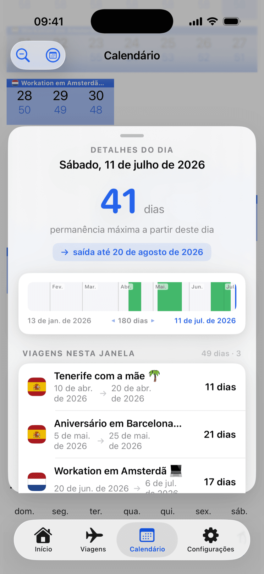 Captura de tela do aplicativo: detalhes do dia com a permanência máxima e as viagens contabilizadas na janela de 180 dias