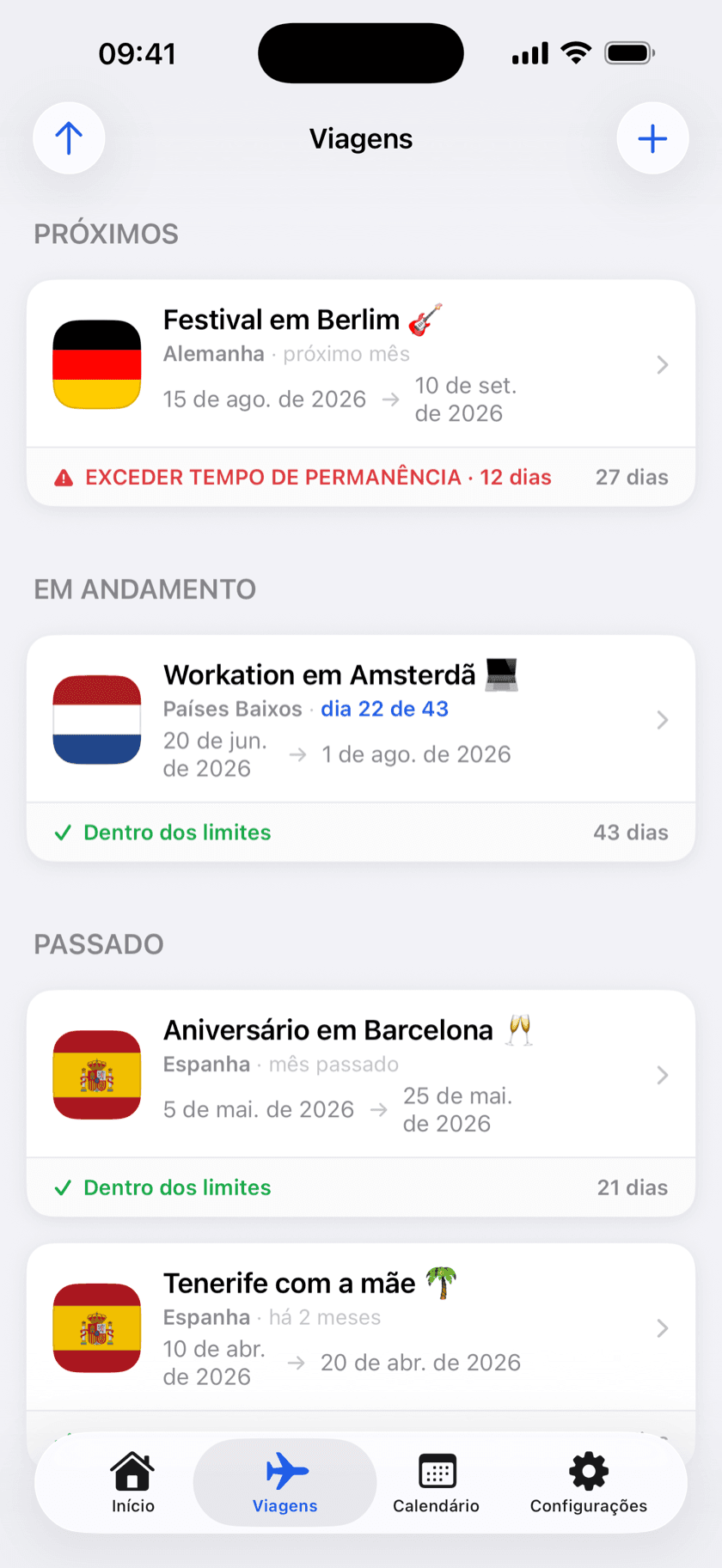 Captura de tela do aplicativo: lista de viagens com indicadores de dentro dos limites e excesso de permanência