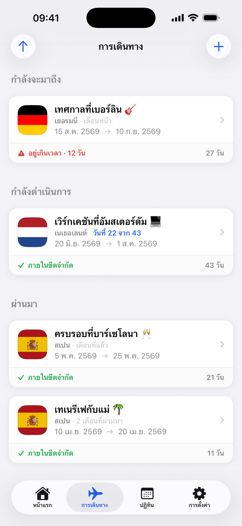 ภาพหน้าจอแอป: รายการทริปพร้อมสัญลักษณ์แสดงสถานะภายในขีดจำกัดและอยู่เกินกำหนด