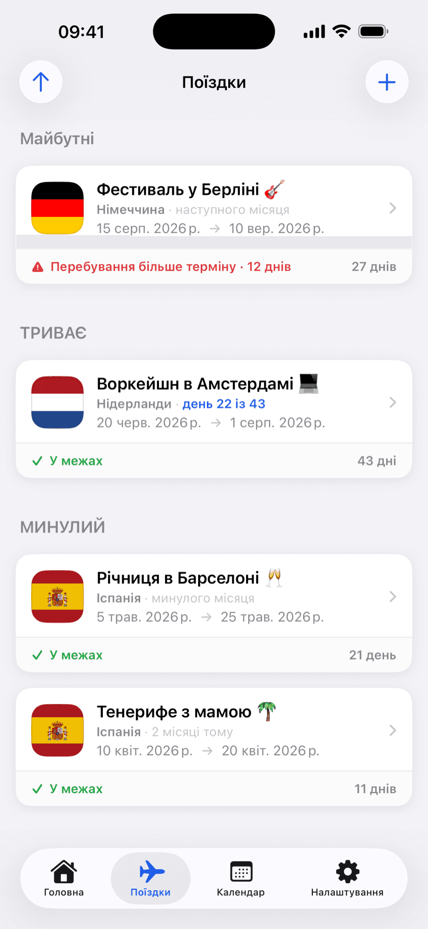 Скріншот застосунку: список поїздок із позначками «у межах» і «перевищення терміну»