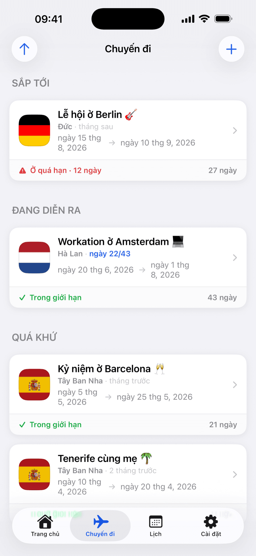 Ảnh chụp màn hình ứng dụng: danh sách chuyến đi với chỉ báo trong giới hạn và quá hạn