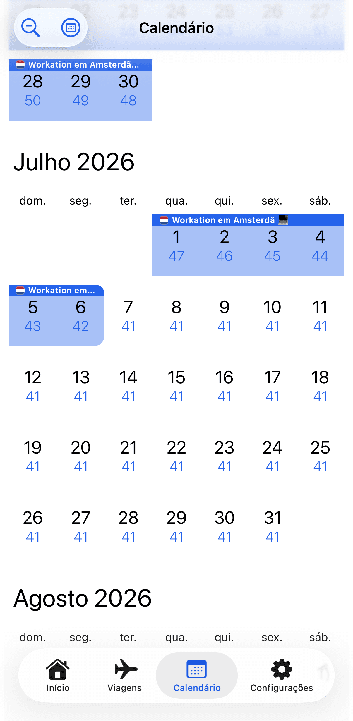 Captura de tela do aplicativo: calendário com o número de dias disponíveis sob cada data